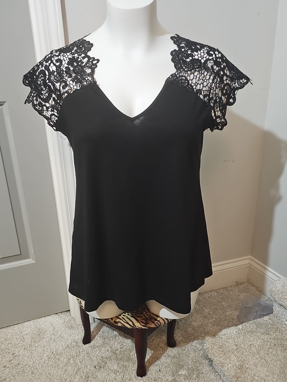 Women's Black V-Neck Top with Lace Cap Sleeves